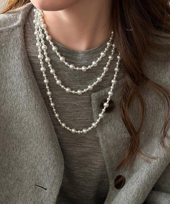 Brief White Alloy Pearl Beading Sweater Necklace