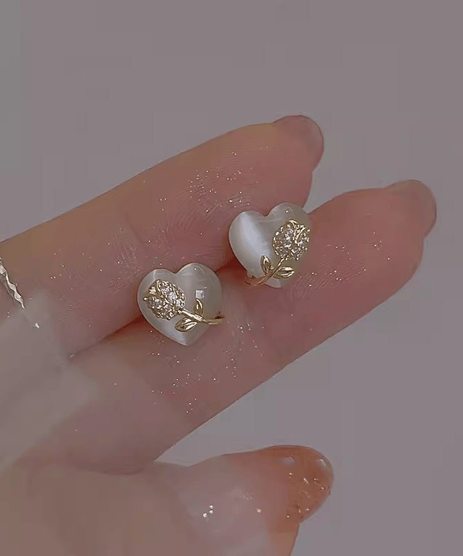 Brief White Alloy Zircon Tulip Cat Eye Ston Love Stud Earrings