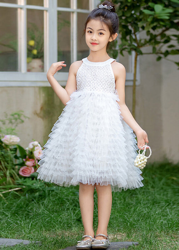 Brief White Bow Patchwork Tulle Kids Maxi Dress Summer