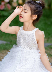 Brief White Bow Patchwork Tulle Kids Maxi Dress Summer