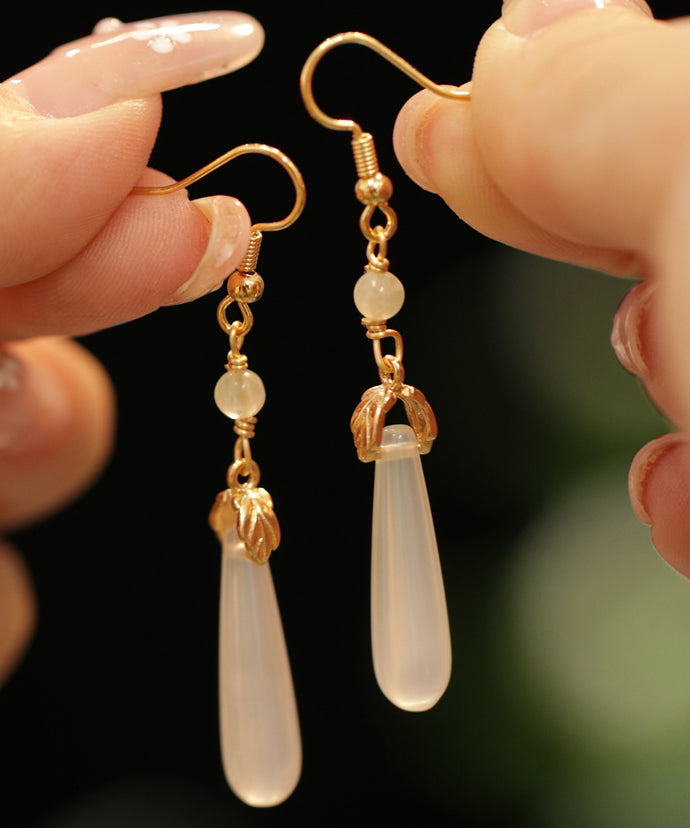 Brief White Copper Alloy Water Drop Chalcedony Drop Earrings