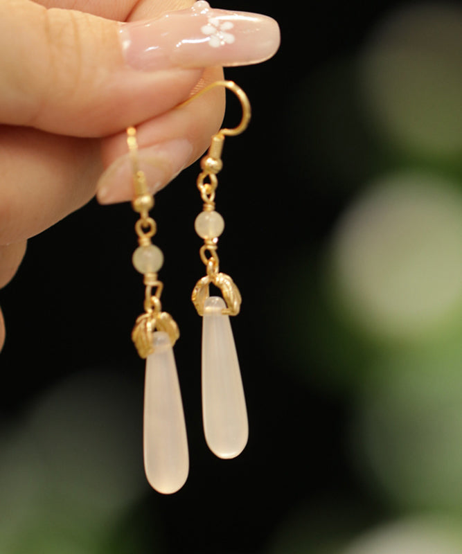 Brief White Copper Alloy Water Drop Chalcedony Drop Earrings