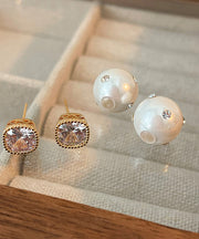 Brief White Copper Inlaid Zircon Pearl Stud Earrings