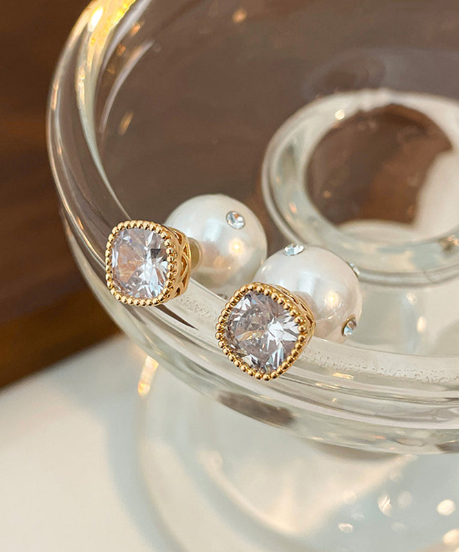 Brief White Copper Inlaid Zircon Pearl Stud Earrings