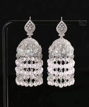 Brief White Copper Overgild Zircon Pearl Wind Chime Tassel Drop Earrings