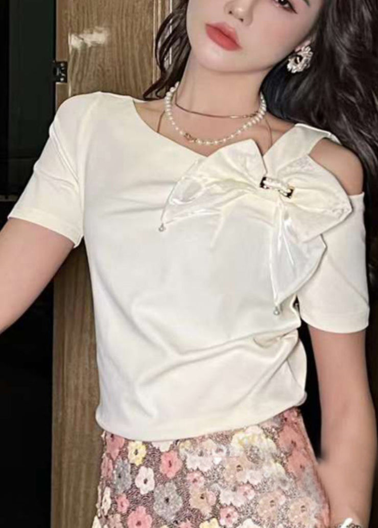 Brief White O-Neck Asymmetrical Bow Shirts Summer