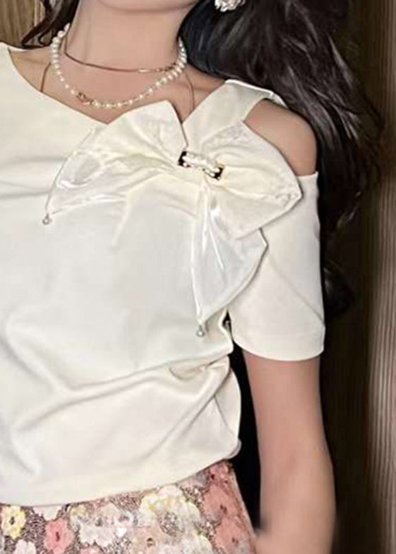 Brief White O-Neck Asymmetrical Bow Shirts Summer