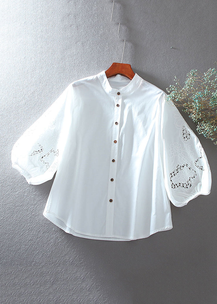 Brief White O-Neck Hollow Out Cotton Shirt Bracelet Sleeve