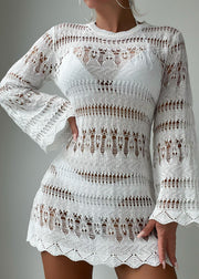 Brief White O-Neck Hollow Out Holiday Knit Cover Up Swimwear