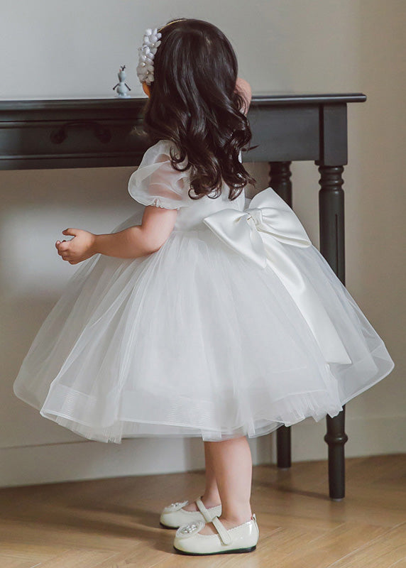 Brief White O-Neck Patchwork Tulle Girls Long Dress Summer