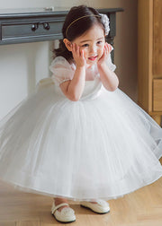 Brief White O-Neck Patchwork Tulle Girls Long Dress Summer