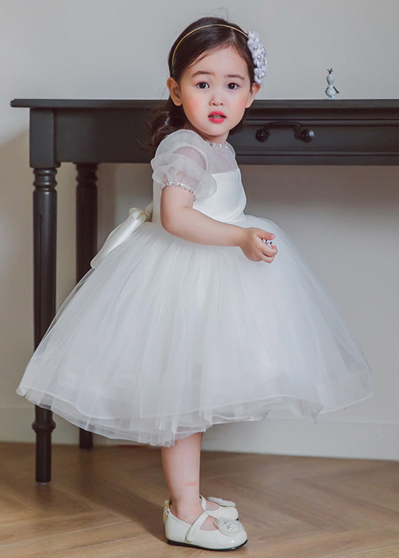 Brief White O-Neck Patchwork Tulle Girls Long Dress Summer