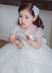 Brief White O-Neck Patchwork Tulle Girls Long Dress Summer