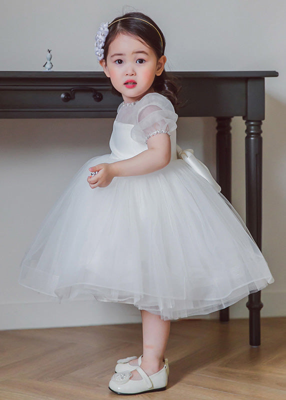 Brief White O-Neck Patchwork Tulle Girls Long Dress Summer