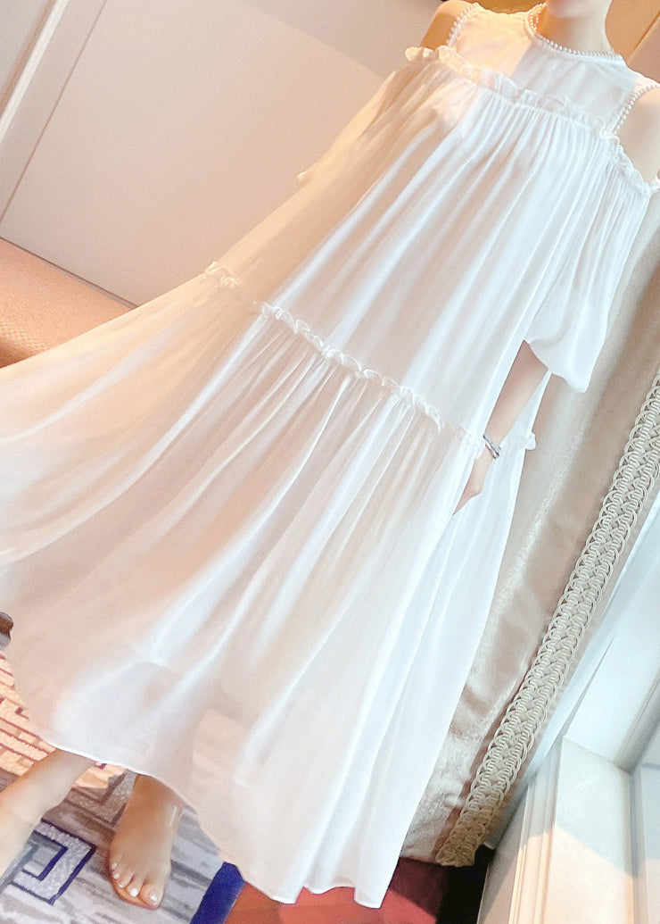 Brief White O-Neck Ruffled Wrinkled Silk Long Dress Flare Sleeve