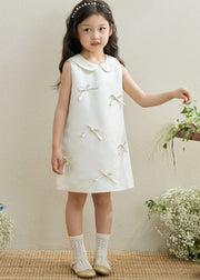 Brief White Peter Pan Collar Bow Kids Long Dresses Sleeveless