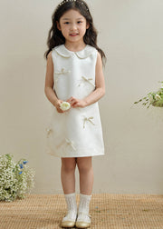 Brief White Peter Pan Collar Bow Kids Long Dresses Sleeveless