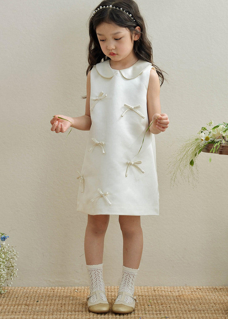 Brief White Peter Pan Collar Bow Kids Long Dresses Sleeveless