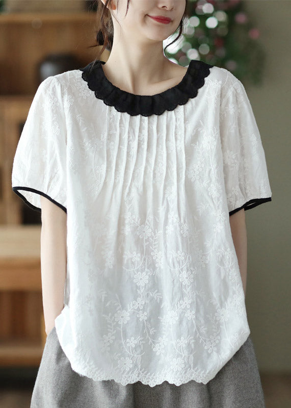 Brief White Peter Pan Collar Cotton Shirt Short Sleeve