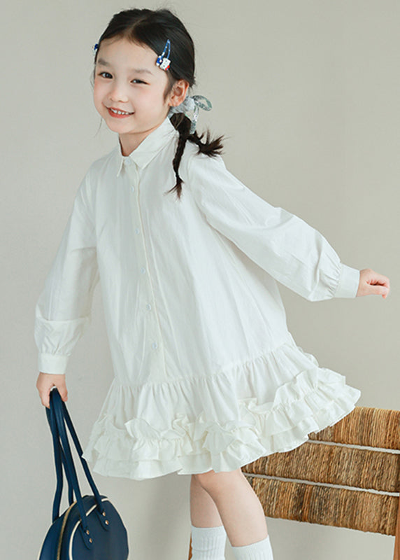 Brief White Peter Pan Collar Patchwork Button Girls Shirts Mid Dresses Spring