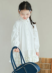 Brief White Peter Pan Collar Patchwork Button Girls Shirts Mid Dresses Spring