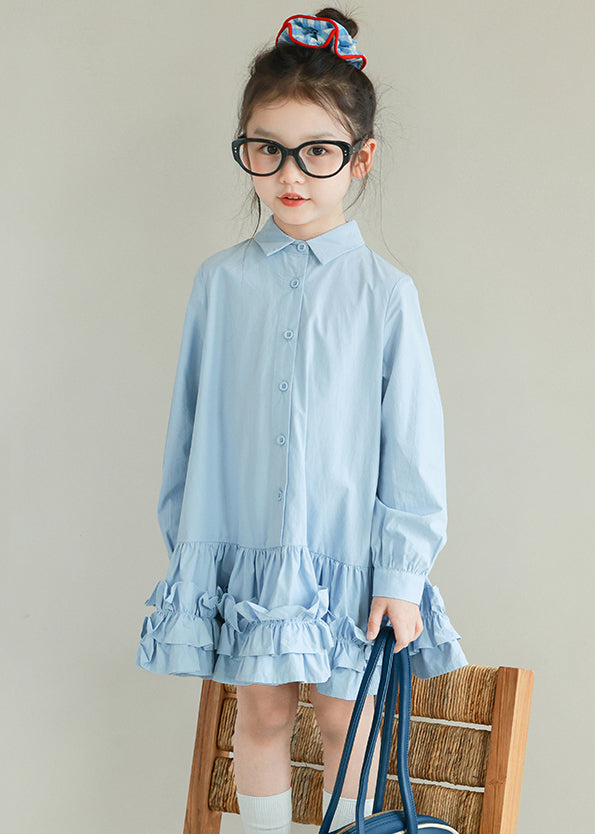 Brief White Peter Pan Collar Patchwork Button Girls Shirts Mid Dresses Spring