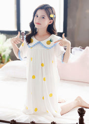 Brief White Peter Pan Collar Print Cozy Cotton Girls Maxi Dresses Short Sleeve