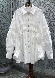 Brief White Peter Pan Collar Ruffled Patchwork Nail Bead Shirts Spring