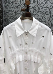 Brief White Peter Pan Collar Ruffled Patchwork Nail Bead Shirts Spring