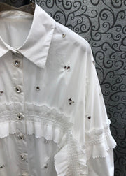 Brief White Peter Pan Collar Ruffled Patchwork Nail Bead Shirts Spring