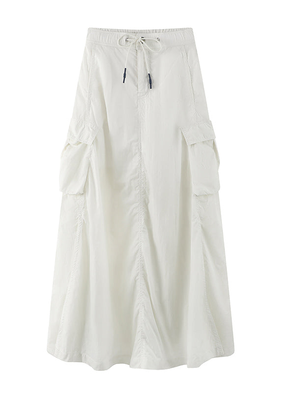 Brief White Pockets Patchwork Elastic Waist Tie Waist Maxi Skirts Summer