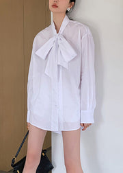 Brief White Stand Collar Bow Button Solid Shirt Spring