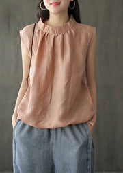 Brief White Stand Collar Solid Linen Top Sleeveless