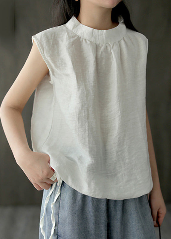 Brief White Stand Collar Solid Linen Top Sleeveless