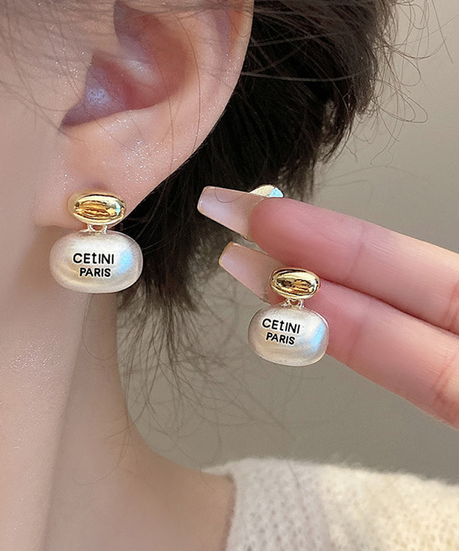 Brief White Sterling Silver Alloy Golden Bean Stud Earrings