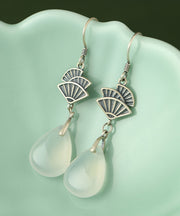 Brief White Sterling Silver Jade Fan-Shaped Drop Earrings