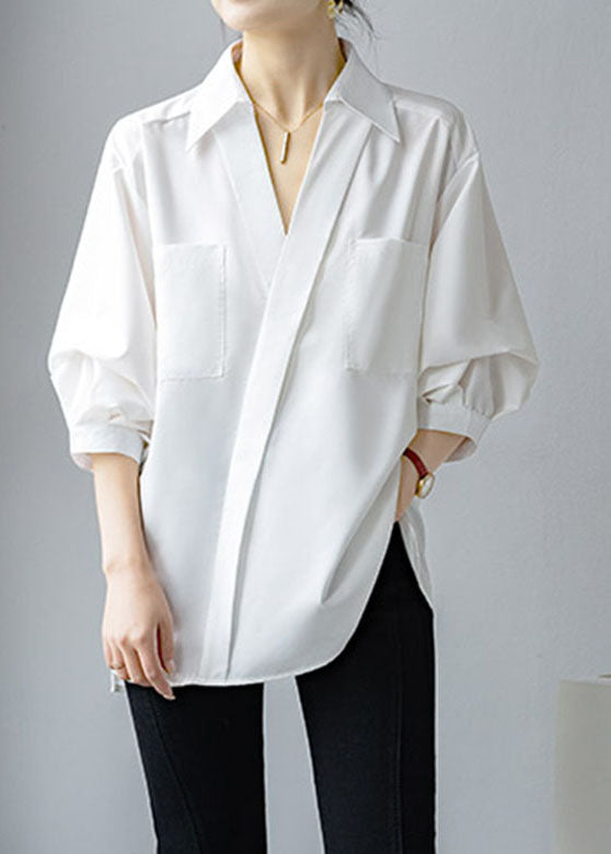 Brief White V Neck Pockets Shirt Lantern Sleeve