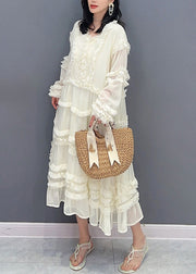 Brief White V Neck Ruffled Solid Chiffon Long Dress Spring