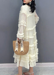 Brief White V Neck Ruffled Solid Chiffon Long Dress Spring