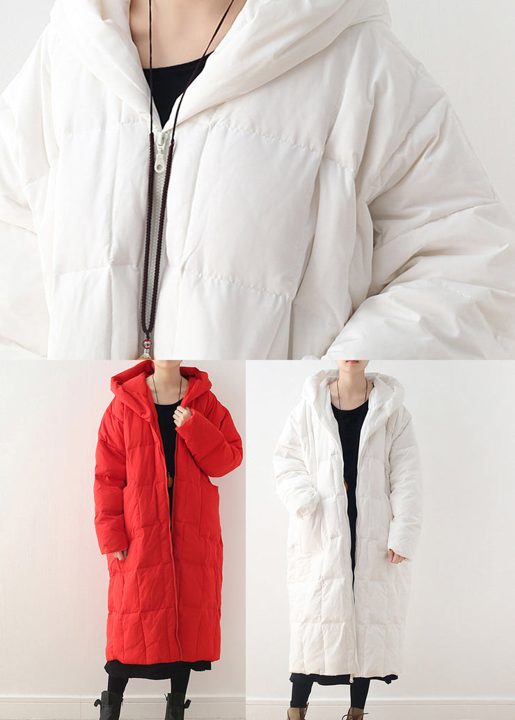 Brief White Zippered Pockets Hooded Down Coat Long Sleeve