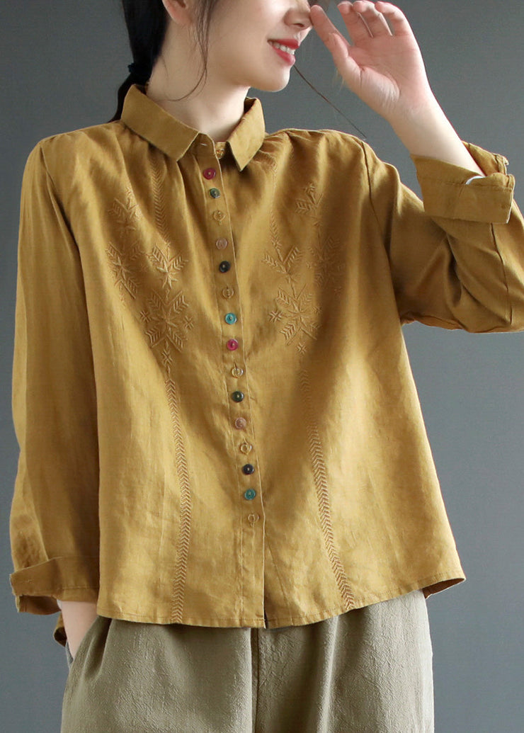 Brief Yellow Peter Pan Collar Embroidered Linen Shirt Spring