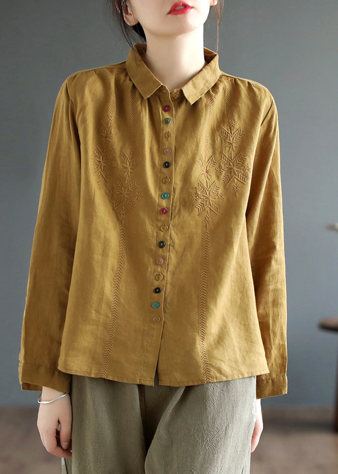 Brief Yellow Peter Pan Collar Embroidered Linen Shirt Spring