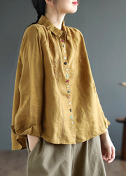 Brief Yellow Peter Pan Collar Embroidered Linen Shirt Spring