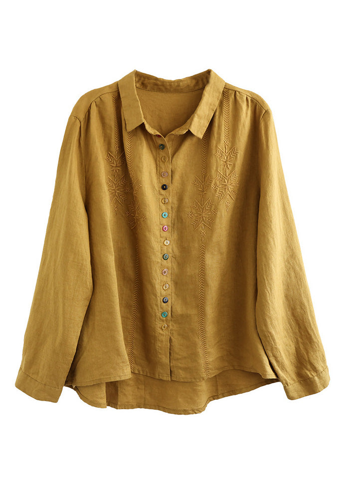 Brief Yellow Peter Pan Collar Embroidered Linen Shirt Spring