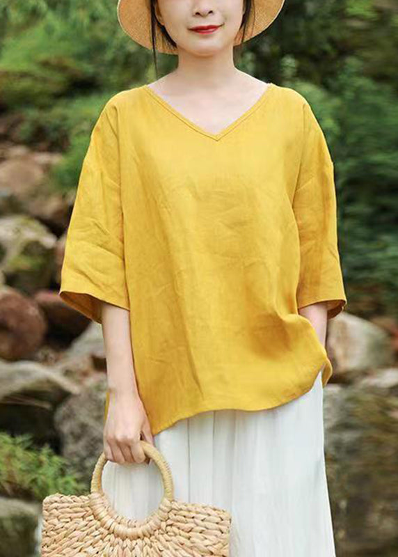 Brief Yellow V Neck Tops Half Sleeve