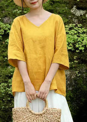 Brief Yellow V Neck Tops Half Sleeve