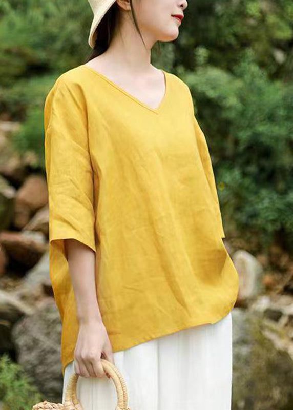 Brief Yellow V Neck Tops Half Sleeve