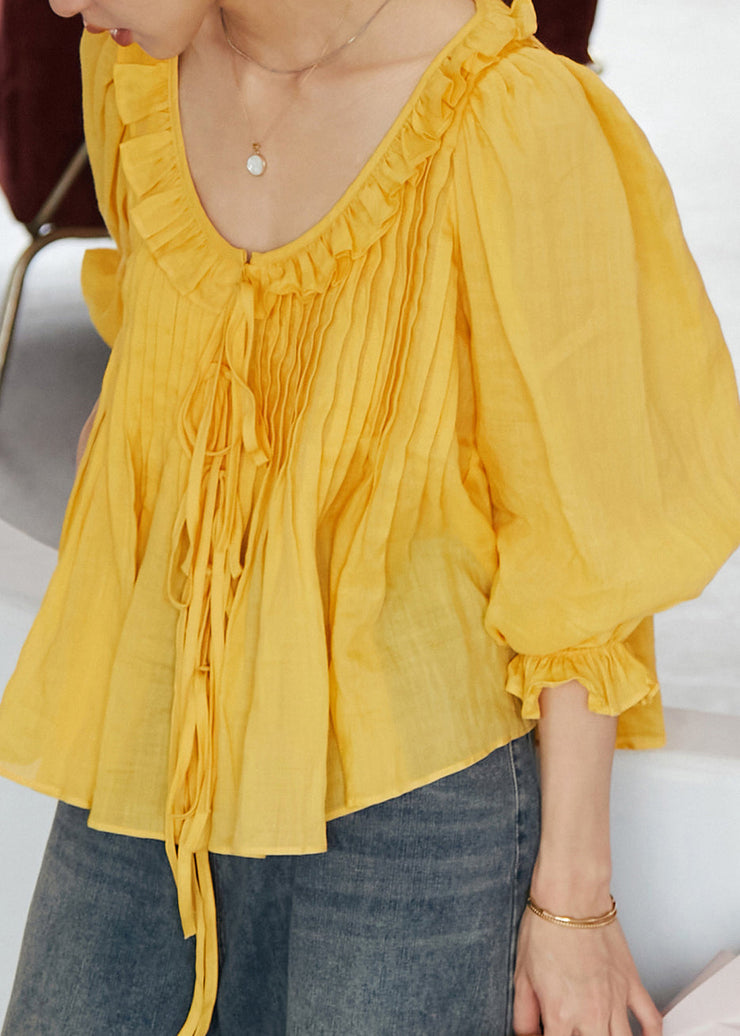 Brief Yellow Wrinkled Ramie Top Long Sleeve