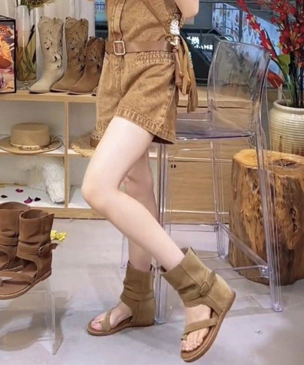 Brown Boho Hollow Out Wedge Thong Sandals Boots