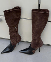 Brown Boots Stiletto Suede Handmade Splicing Pointed Toe